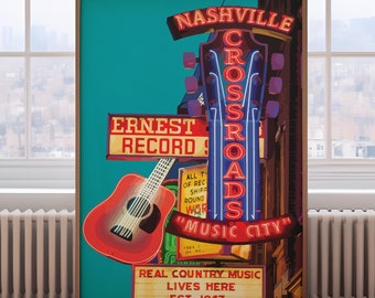 May include: A framed poster with a red guitar and neon signs reading "Nashville Crossroads" and "Music City." The poster also displays "Ernest Record" and "Real Country Music Lives Here, Est. 1947."