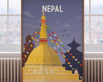 Kathmandu Nepal Travel Poster: Retro Himalayas Print
