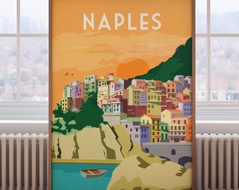 May include: A colorful illustration of Naples, Italy, with a sunset in the background. The city is built on a cliff overlooking the sea. The text "NAPLES" is at the top of the image.