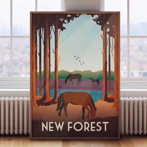 May include: A vintage travel poster with a brown frame featuring a forest scene with brown horses grazing in a clearing. The poster has the text "NEW FOREST" in white letters on a brown background.