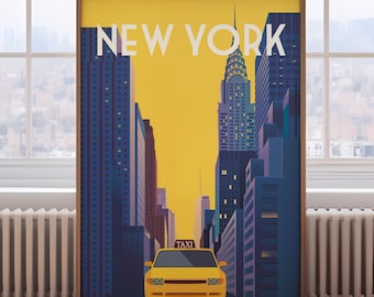 May include: A yellow taxi cab drives down a street in New York City. The buildings are tall and blue, and the sky is yellow. The text "NEW YORK" is at the top of the image.