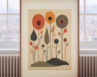 Mid Century Modern Floral Print: Retro Orange Flower Wall Art