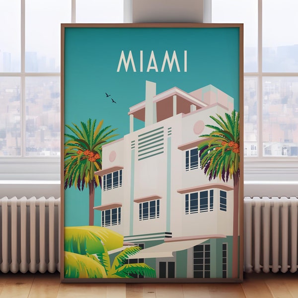 Retro Miami Travel Poster: Flat Design Wall Art
