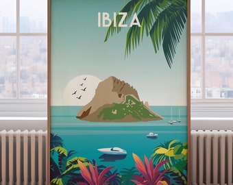 Ibiza Sunset Print: Retro Travel Poster, Beach Wall Art