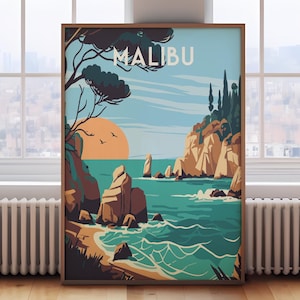 Malibu Travel Poster: Retro California Coast Print