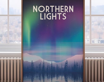 May include: A poster with a dark blue background featuring a vibrant green, purple, and blue aurora borealis display over a silhouette of a mountain range and a lake reflecting the lights. The text "NORTHERN LIGHTS" is in white at the top of the poster.