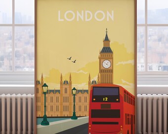 Retro London Travel Poster: Flat Design Wall Art