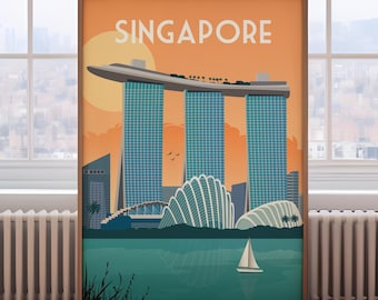 Retro Singapore Travel Poster: Flat Design Asia Art Print