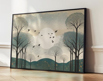 Flying birds and sun print, birds in woodland, abstract landscape wall art, birds wall art, Nordic wall art, Japandi wall art, forest