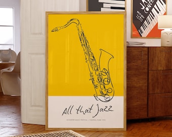 May include: A yellow poster with a black line drawing of a saxophone. The text on the poster reads "All That Jazz" with the words "Schafer Music Festival | Central Park 1972" below.
