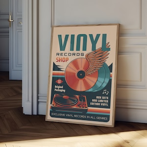 May include: A vintage-style poster advertising a vinyl record shop. The poster features a stylized illustration of a record with a wing, a turntable, and the text "VINYL RECORDS SHOP". The poster also includes the text "Original Packaging", "Box Sets and Limited Edition Vinyl", and "Exclusive Vinyl Records in All Genres".