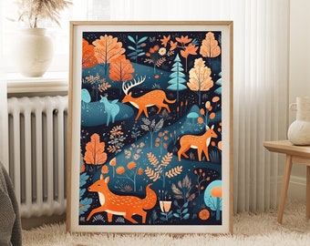 Scandi Animals Print: Nordic Folk Art Wall Decor
