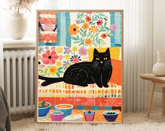 Cat on a sofa print, black cat painting, cat wall art, cat lover gift, colourful wall decor