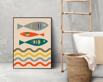Mid Century Modern Fish Print: Abstract Bathroom Wall Art