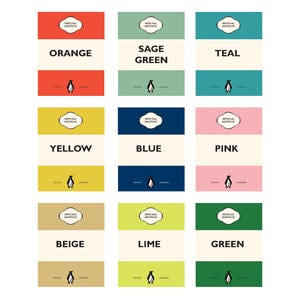May include: A grid of nine rectangular book covers featuring a central cream-colored band with the color name in black text. Each cover displays a Special Edition label at the top and a small penguin icon at the bottom in orange, sage, teal, yellow, blue, pink, beige, lime, and green.