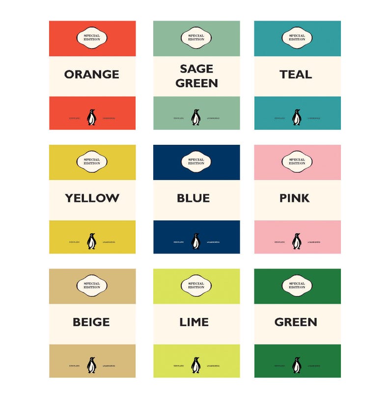 May include: A grid of nine rectangular book covers featuring a central cream-colored band with the color name in black text. Each cover displays a Special Edition label at the top and a small penguin icon at the bottom in orange, sage, teal, yellow, blue, pink, beige, lime, and green.
