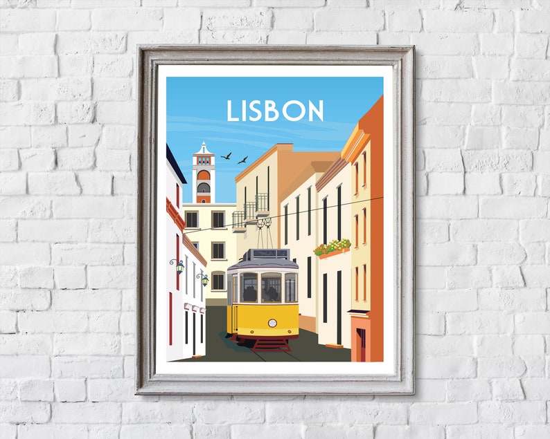 May include: A yellow vintage tram travels down a narrow street in Lisbon, Portugal. The street is lined with colorful buildings and the tram is surrounded by a blue sky.