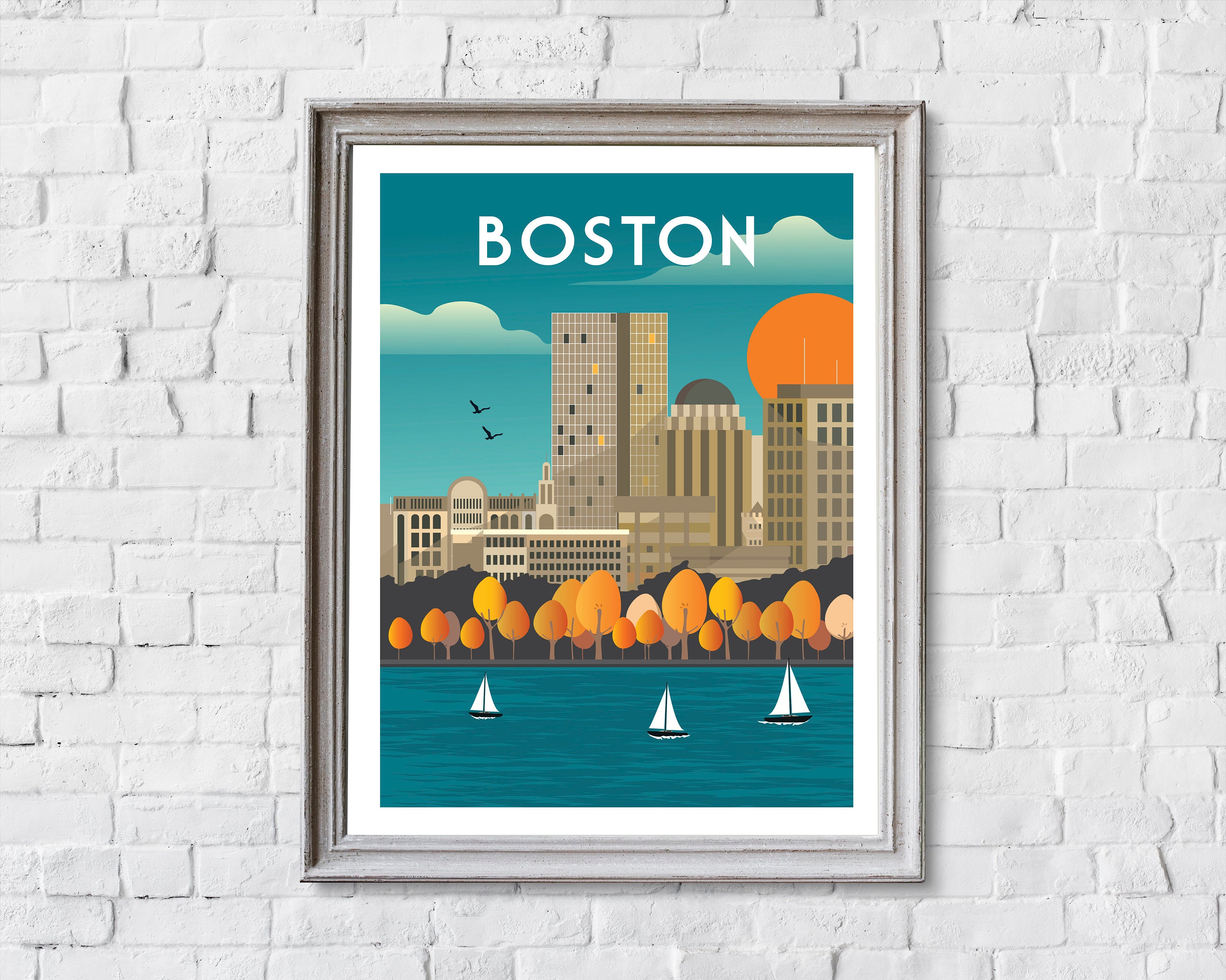 Boston Travel Poster Retro Boston Print Boston Wall Art Etsy