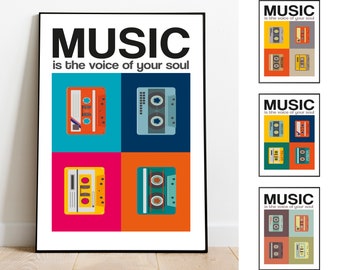 Retro Cassette Music Print: Colorful Vintage Wall Art
