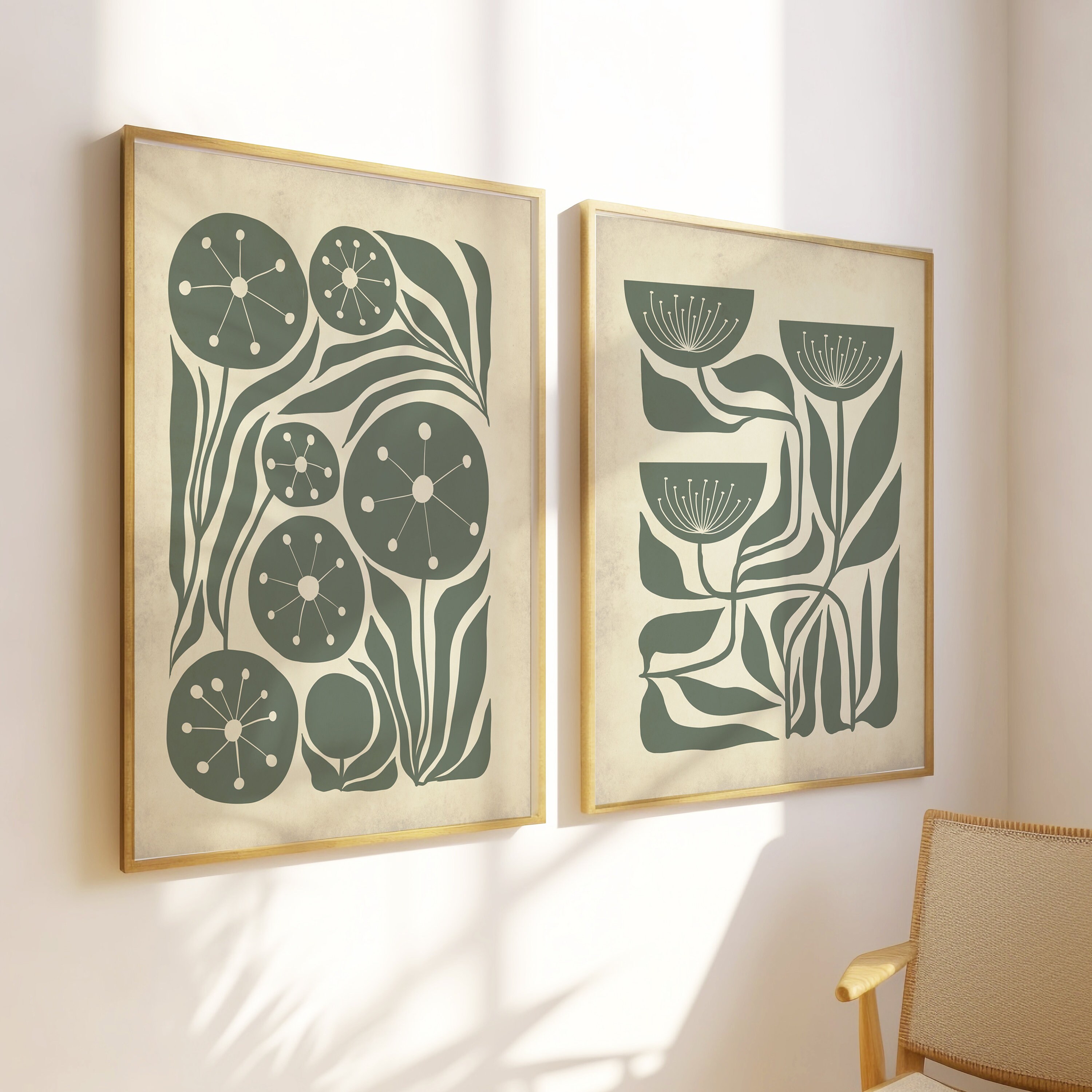 Sage Green Botanical Print Set: Mid-century Modern Floral Wall Art - Etsy
