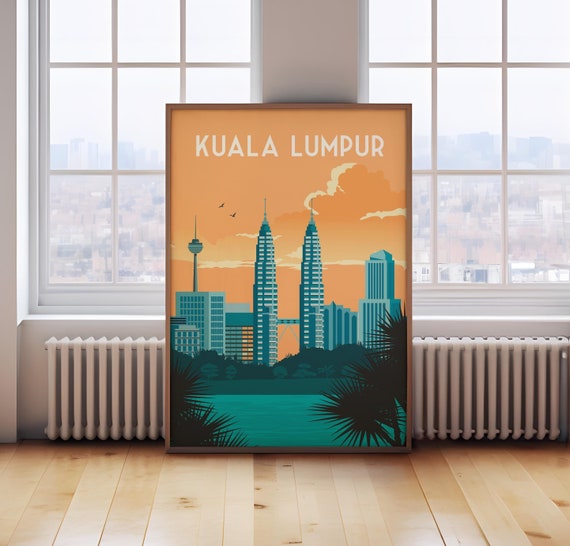 Kuala Lumpur Travel Poster: Retro City Skyline Art Print - Etsy Israel