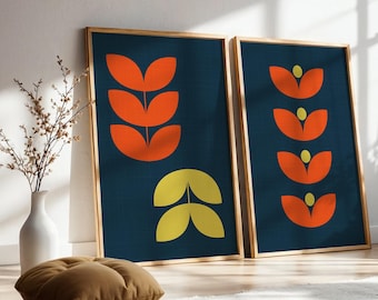 Mid Century Modern Leaf Print Set, Navy, Orange, Citrine, Scandinavian leaf stem print