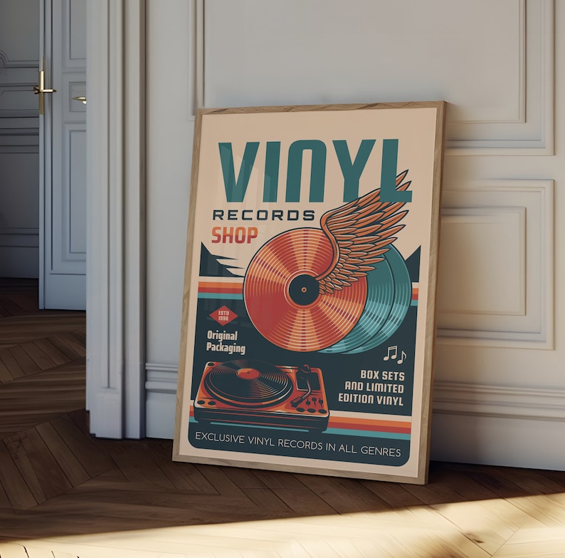 May include: A vintage-style poster advertising a vinyl record shop. The poster features a stylized illustration of a record with a wing, a turntable, and the text "VINYL RECORDS SHOP". The poster also includes the text "Original Packaging", "Box Sets and Limited Edition Vinyl", and "Exclusive Vinyl Records in All Genres".