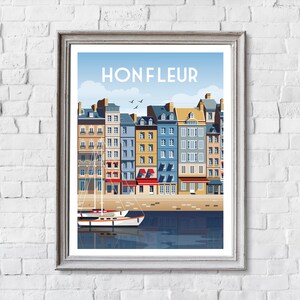 May include: A colorful illustration of a waterfront scene in Honfleur, France. The image features a row of colorful buildings with red roofs, a sailboat in the water, and a blue sky with white clouds.