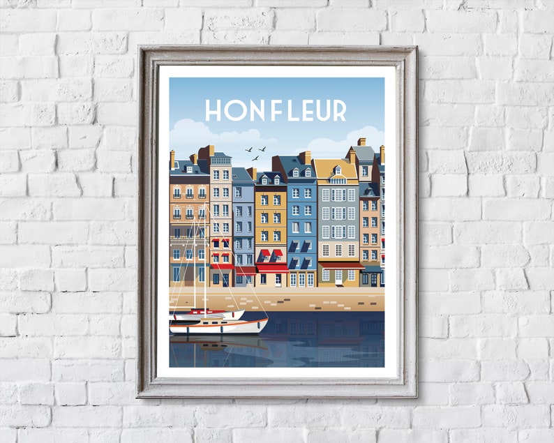 May include: A colorful illustration of a waterfront scene in Honfleur, France. The image features a row of colorful buildings with red roofs, a sailboat in the water, and a blue sky with white clouds.