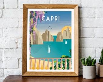 Capri travel poster, Italy travel poster, retro Capri print, Capri travel print, Capri poster, Amalfi coast, Italy travel print,