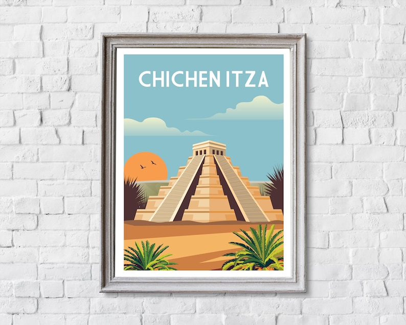 Mexico travel print, Chichen Itza, Mexico pyramid, Mexico print, Mexico travel poster, Mexico poster, retro travel print, image 2