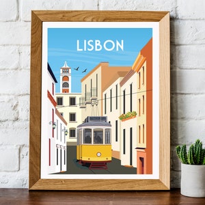 May include: A yellow tram travels down a narrow street in Lisbon, Portugal. The street is lined with colorful buildings and the tram is surrounded by a blue sky.