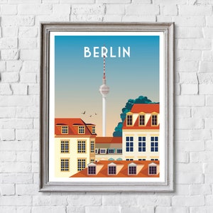 Pode incluir: Uma ilustra&ccedil;&atilde;o colorida do horizonte de Berlim com a ic&ocirc;nica torre de televis&atilde;o Fernsehturm, edif&iacute;cios com telhados vermelhos e o texto "BERLIN".