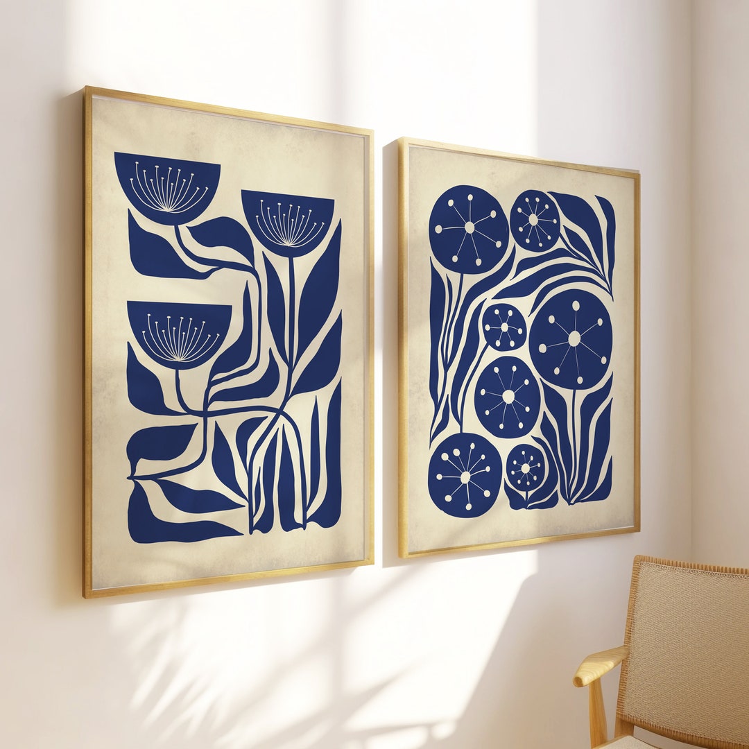 Navy Floral Wall Art, Blue Botanical Wall Art, Mid Century Flower Print ...