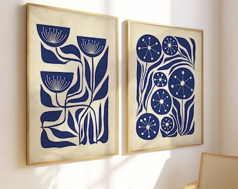 Navy Floral wall art, blue botanical wall art, mid century flower print, mid century modern wall art, retro flower print retro floral prints