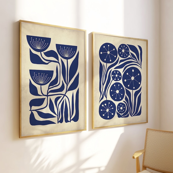 Arte da parete floreale blu scuro, arte da parete botanica blu, stampa floreale di metà secolo, arte da parete moderna di metà secolo, stampa floreale retrò stampe floreali retrò