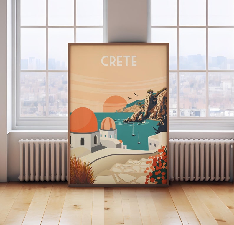 May include: A colorful illustration of a sunset over a bay with white buildings and a rocky cliff. The text "CRETE" is at the top of the image.