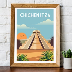 Mexico travel print, Chichen Itza, Mexico pyramid, Mexico print, Mexico travel poster, Mexico poster, retro travel print, image 1