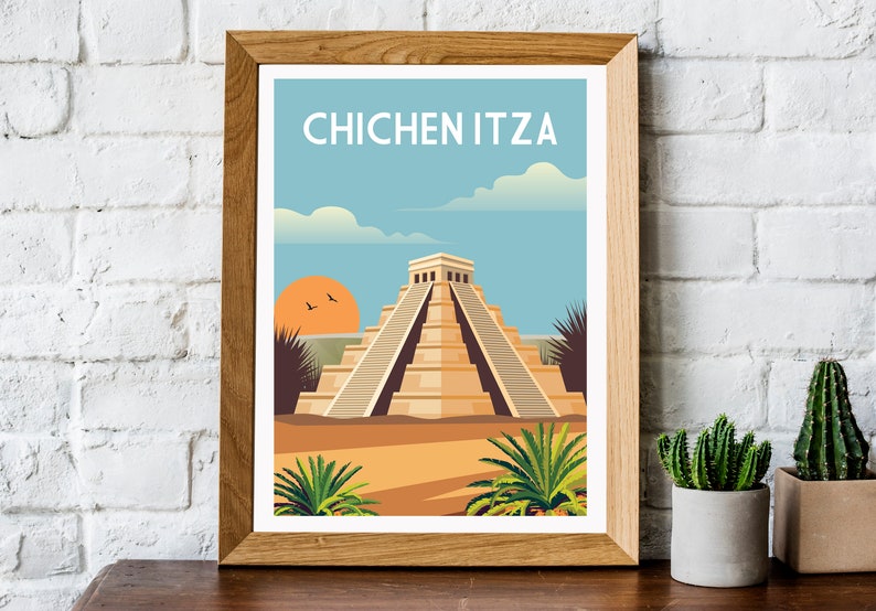 Mexico travel print, Chichen Itza, Mexico pyramid, Mexico print, Mexico travel poster, Mexico poster, retro travel print, image 1