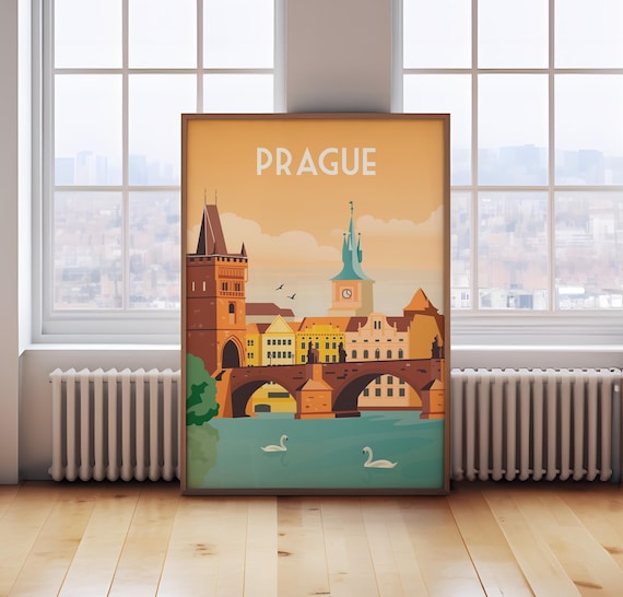 Retro Prague Travel Poster: Vintage Flat Design Print
