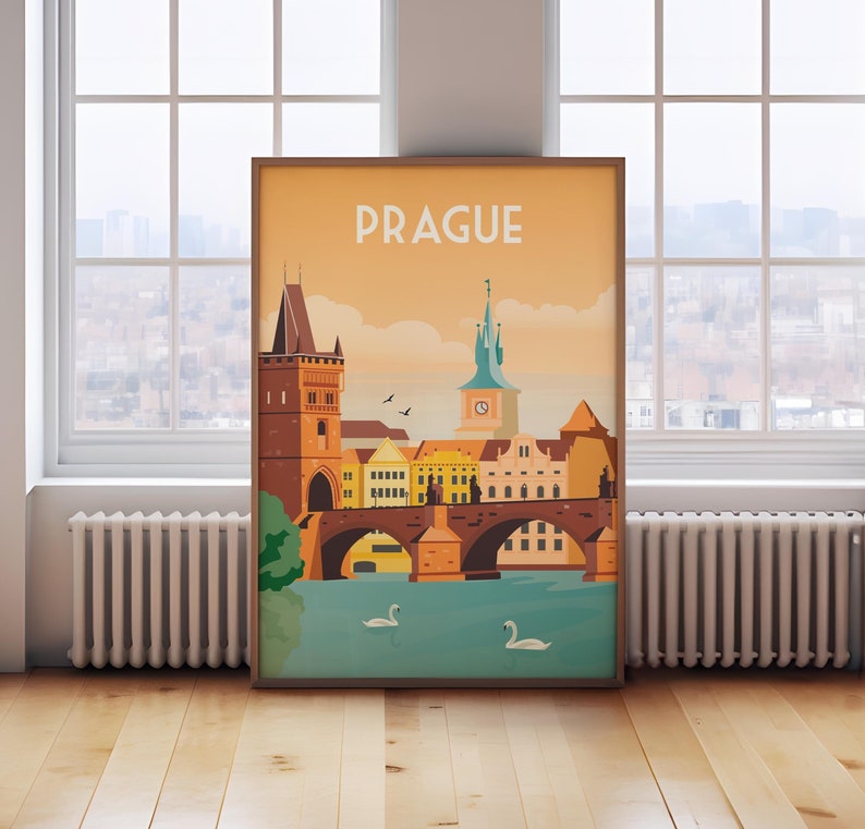 May include: A vintage-style poster with a colorful illustration of the Charles Bridge in Prague, Czech Republic. The poster has a yellow background with the word "PRAGUE" in white text at the top.