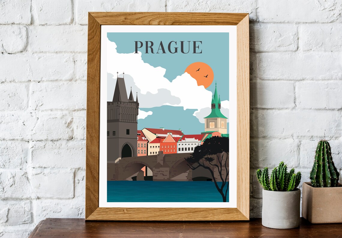 Prague print Prague travel poster Prague poster retro Etsy