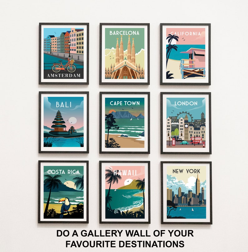 May include: A collage of nine framed travel posters featuring iconic landmarks and scenes from various destinations around the world. The posters are arranged in a grid pattern on a white wall. The destinations include Amsterdam, Barcelona, California, Bali, Cape Town, London, Costa Rica, Hawaii, and New York.
