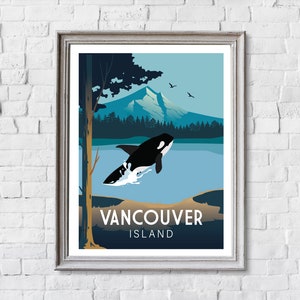 May include: A vintage travel poster design featuring a black and white orca whale jumping out of the water. The poster has a blue background with a mountain range in the distance and the text "Vancouver Island" at the bottom.