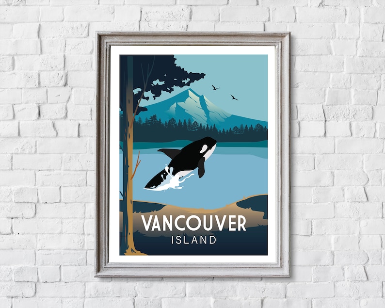 May include: A vintage travel poster design featuring a black and white orca whale jumping out of the water. The poster has a blue background with a mountain range in the distance and the text "Vancouver Island" at the bottom.