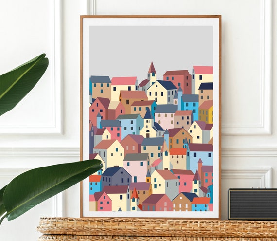 Scandi Houses Print: Retro Cityscape Wall Art