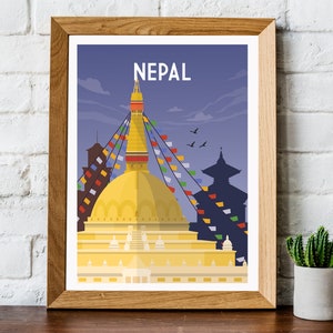 May include: A framed illustration of a golden stupa with colourful prayer flags in front of a blue sky. The text "NEPAL" is at the top of the image.