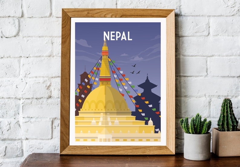 May include: A framed illustration of a golden stupa with colourful prayer flags in front of a blue sky. The text "NEPAL" is at the top of the image.