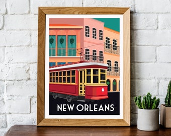 New Orleans print, New Orleans travel poster, New Orleans poster, New Orleans travel print, New Orleans wall art, Retro travel print,