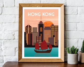 Hong Kong print, retro Hong Kong poster, Hong Kong travel poster, Hong Kong wall art, Hong Kong travel print, travel wall art, retro travel